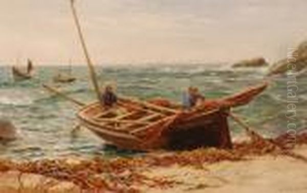 Fishermen In A Beached Fishing Boat Oil Painting by William Henry Borrow