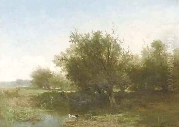 An angler in a summer landscape Oil Painting by Johannes Warnardus Bilders