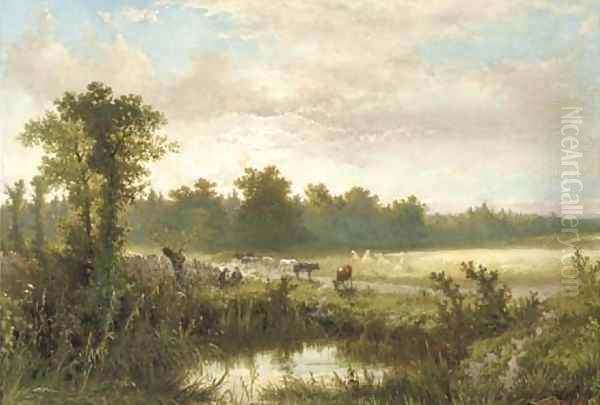 Wolfheze cowherds and cattle near a fen at dusk Oil Painting by Johannes Warnardus Bilders