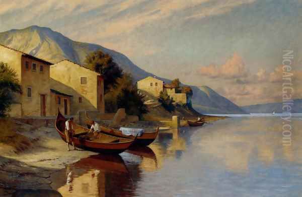 A Fishing Village Oil Painting by F. Brinicardi