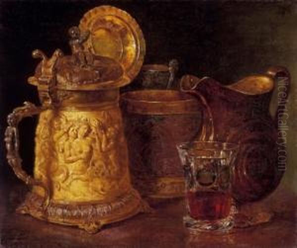 Vessels With A Red Wine Glass Oil Painting by Jozsef Borsos