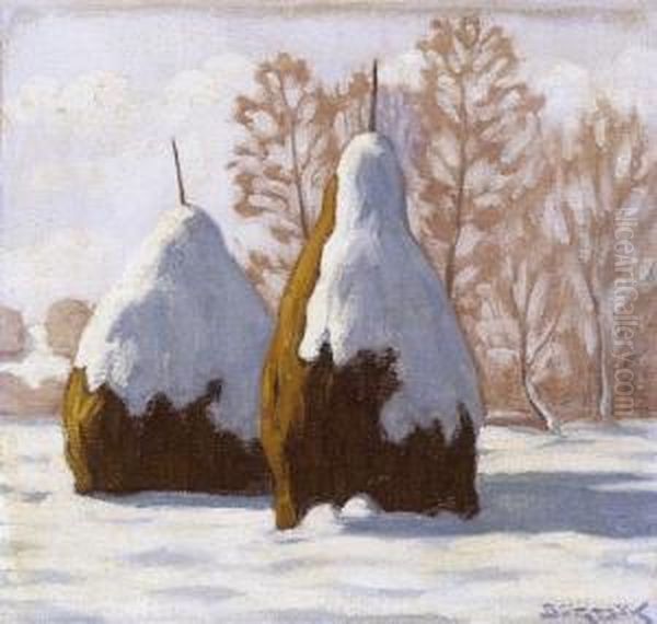 Two Haystacks In Nagybanya Oil Painting by Samu Bortsok