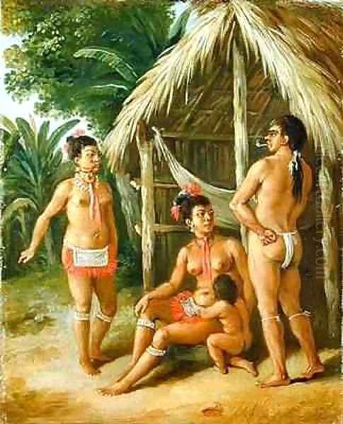 A Leeward Islands Carib Family outside a Hut Oil Painting by Agostino Brunias