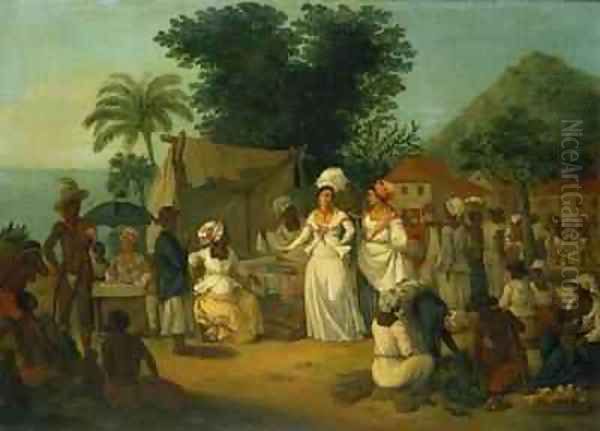 A linen market with a linen stall and a vegetable seller in a Colonial settlement Oil Painting by Agostino Brunias