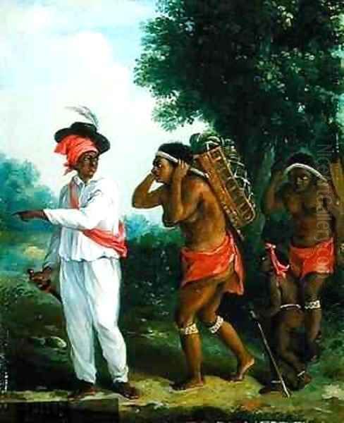 West Indian Man of Colour, Directing two Carib Women with a Child Oil Painting by Agostino Brunias