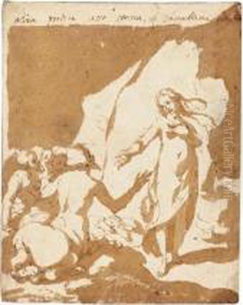 A Design For A Book Illustration: A Young Woman Addressing A Group Of Centaurs Oil Painting by Andrea Boscoli