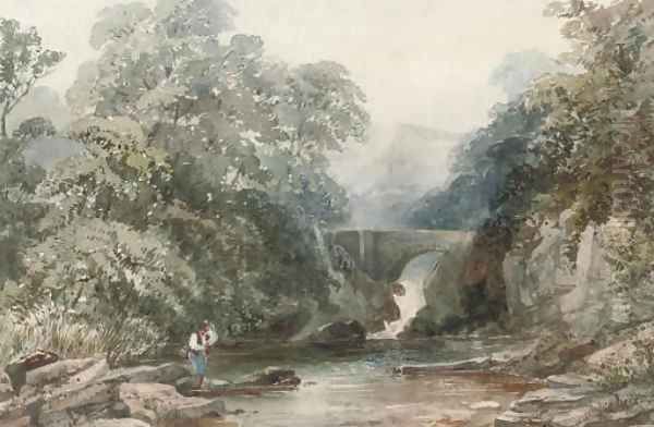 An angler on a riverbank before a waterfall Oil Painting by William James Bennett