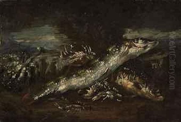 Fish, Crayfish And A Gourd, A Landscape Beyond Oil Painting by Felice Boselli Piacenza