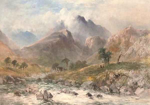 A river rushing through a romantic landscape Oil Painting by William James Bennett