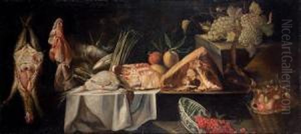 Garde-manger : Nature Morte Au 
Gibier Avec Raisins, Panier De Poires, Coupe De Cerises Et Asperges Oil Painting by Felice Boselli Piacenza