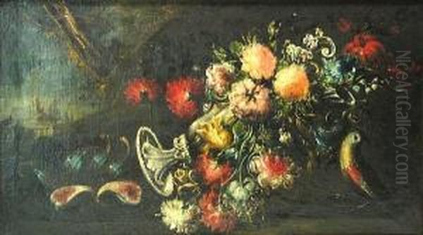 A Still Life With Flowers And A Bird Oil Painting by Felice Boselli Piacenza