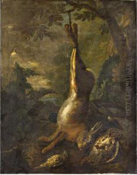 Natura Morta Di Cacciagione Con Uccelli E Lepre In Unpaesaggio Oil Painting by Felice Boselli Piacenza