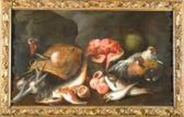 Natura Morta Con Sporta, Pesci, Tacchino, Galline, Frutti Ed Ortaggi Oil Painting by Felice Boselli Piacenza