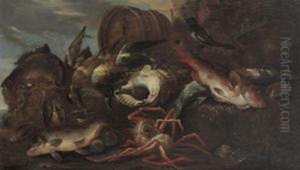 A Still Life Of Fish, Shells And Game Birds Oil Painting by Felice Boselli Piacenza