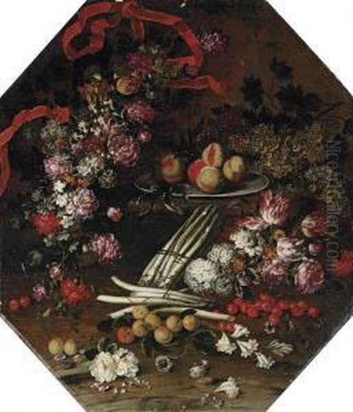 Asparagus, Cherries, Peaches And Flowers On A Wooden Ledge Oil Painting by Felice Boselli Piacenza