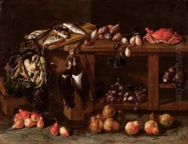 Natura Morta Di Penna, Pesci,frutta E Verdura Oil Painting by Felice Boselli Piacenza