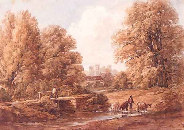 Cattle crossing a Stream with a Castle beyond Oil Painting by William James Bennett