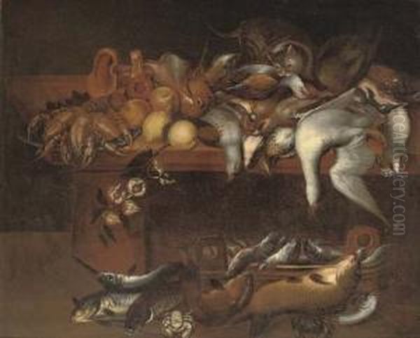 Dead Partridges, A Goose And 
Other Game, A Cat, Lobsters, Lemons And Mushrooms On A Table, A Basket 
Of Fish Nearby Oil Painting by Felice Boselli Piacenza