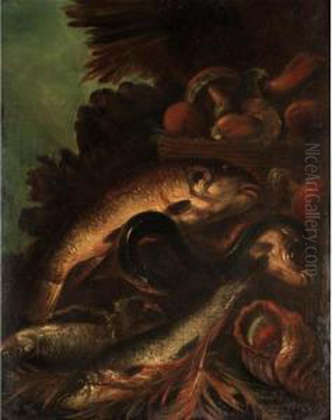 Still Life Of Fish, An Eel, And A
 Sea Shell Together With A Basket Of Mushrooms, In A Landscape Oil Painting by Felice Boselli Piacenza