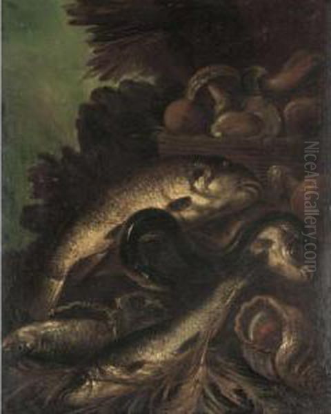 Still Life Of Fish, And Eel, And
 A Sea Shell Together With A Basket Of Mushrooms, In A Landscape Oil Painting by Felice Boselli Piacenza