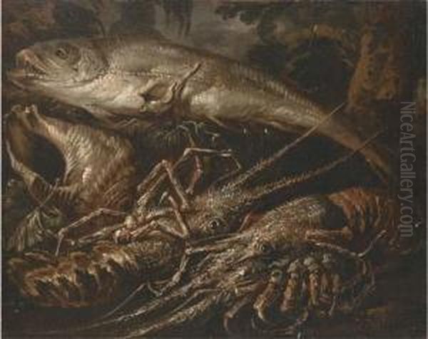 Two Lobsters, A Salmon And Shells On A Forest Floor Oil Painting by Felice Boselli Piacenza