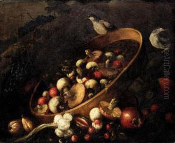 Still Life With A Basket, 
Mushrooms, Onions, Tomatoes, And Grapes Together With Other Vegetables 
And Song Birds. Oil Painting by Felice Boselli Piacenza