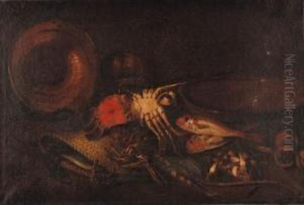 Lobsters, A Basket, An Upturned Copper Dish, Red Mullet, Aterracotta Bowl On A Ledge Oil Painting by Felice Boselli Piacenza