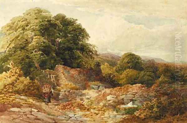 Peat cutters in a wooded landscape Oil Painting by William James Bennett