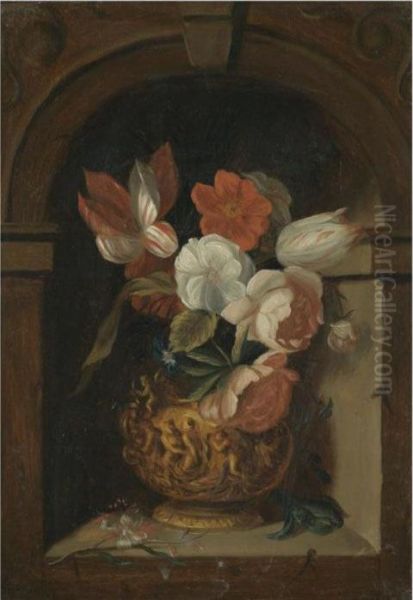 A Still Life Of Tulips, Roses, 
Morning Glory And Other Flowers In A Sculpted Bronze Vase In A Niche Oil Painting by Ambrosius the Elder Bosschaert