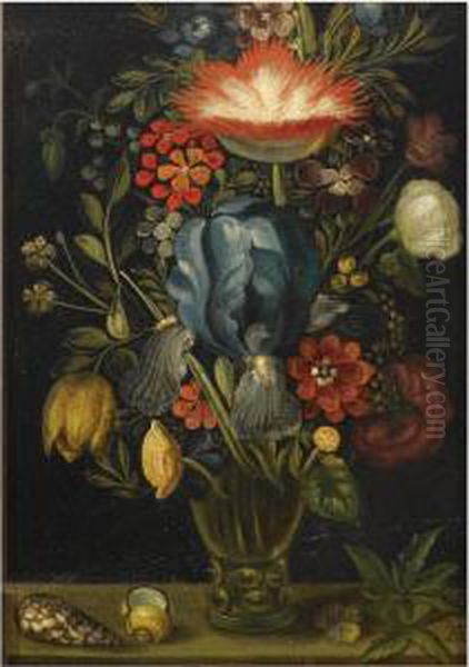 A Still Life With Various 
Flowers In A Roemer Together With Shells And A Violet On A Ledge Oil Painting by Ambrosius the Elder Bosschaert