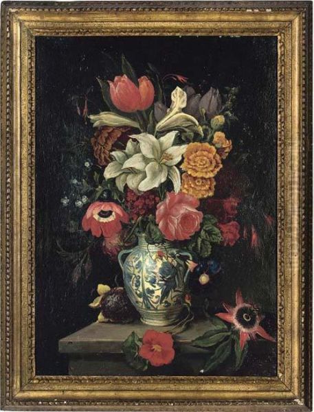 Lilies, Roses, Passionflower, Sunflower, Tulips And Other Flowers In A Vase, On A Ledge Oil Painting by Ambrosius the Elder Bosschaert