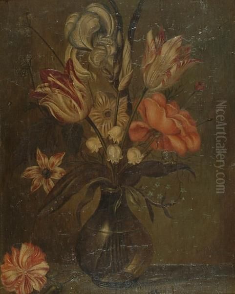 An Iris, Tulips, 
Lily-of-the-valley, A Rose And Other Flowers In A Glass Vase On A Ledge. Oil Painting by Ambrosius the Elder Bosschaert