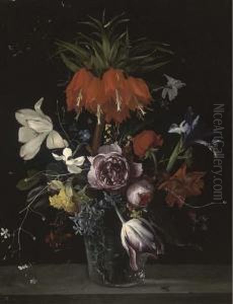 A Crown Imperial Lily, Tulips, 
Roses, Hyacinths And Other Flowersin A Glass Vase On A Stone Ledge Oil Painting by Ambrosius the Elder Bosschaert