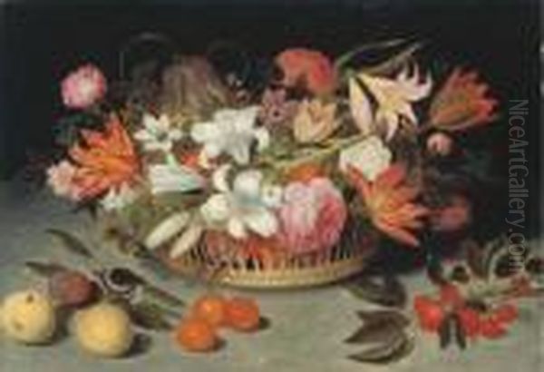 Lilies, Tulips, Roses, 
Carnations, Columbines, Marigolds, Anemones,hyacinth, Eglantines, 
Fritillaries And Other Flowers, With A Redadmiral Butterfly, With 
Peaches, Apricots, A Plum And A Sprig Ofcherries On A Table Oil Painting by Ambrosius the Elder Bosschaert