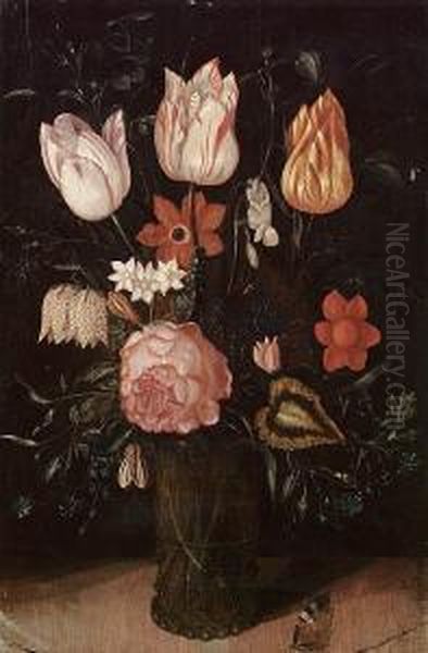 A Rose, Tulips, Forget-me-nots 
And Other Flowers In A Glass Vase On A Ledge With A Butterfly Oil Painting by Ambrosius the Elder Bosschaert