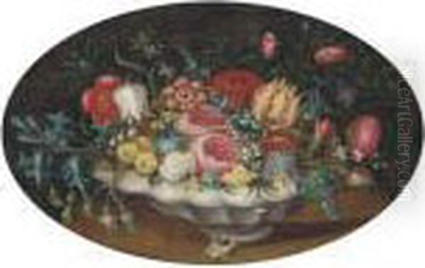 Tulips, Roses, Morning Glory And Other Flowers In A Bowl On Atable Oil Painting by Ambrosius the Elder Bosschaert