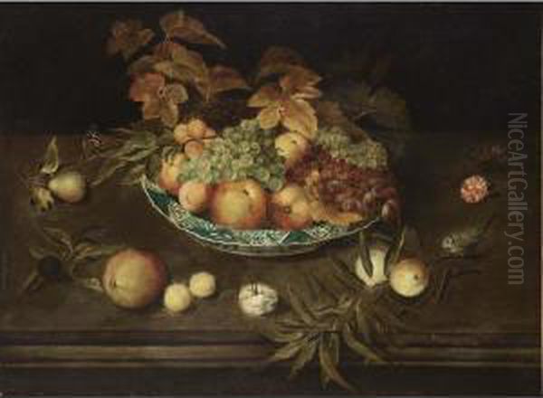 A Still Life With Grapes, 
Peaches, Apricots And Apples In A Wan-li Porcelain Bowl, Together With A
 Pear, A Prune, Peaches, Apricots, Carnations, A Butterfly And A Blue 
Tit, All On A Ledge Oil Painting by Ambrosius the Elder Bosschaert