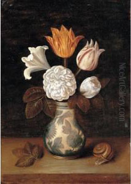 A Still Life Of Roses, A Lily 
And Variegated Tulips In A Blue And White Vase, With A Snail Nearby Oil Painting by Ambrosius the Elder Bosschaert