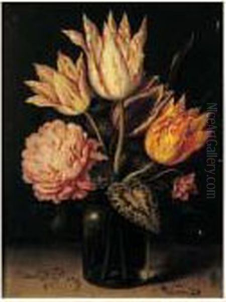 Bouquet De Tulipes Et De Roses Dans Un Vase Pose Sur Un
 Entablement Oil Painting by Ambrosius the Elder Bosschaert