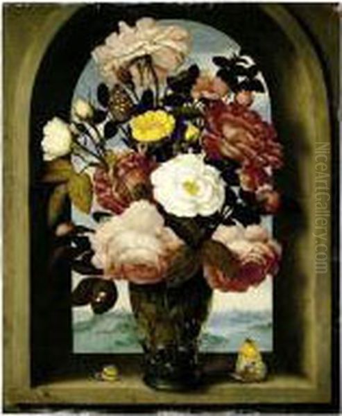 A Still Life Of Roses In A 
Berkemeijer Glass, With Butterflies And A Snail, In An Arched Stone 
Window With A Landscape Beyond Oil Painting by Ambrosius the Elder Bosschaert