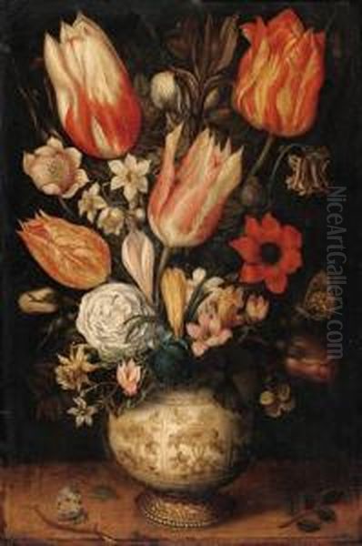 Tulips, Roses, Narcissi, 
Daffodils, Crocuses, An Iris, A Poppy Andother Flowers In A Gilt-mounted
 Porcelain Vase On A Ledge, With Aqueen Of Spain Fritillary, A White 
Ermine And A Magpiebutterfly Oil Painting by Ambrosius the Elder Bosschaert