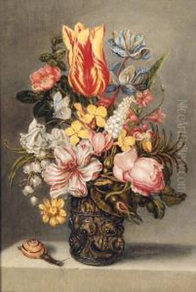 Parrot Tulips, A Dog Rose, A 
Peonie, Buttercups And Lily Of Thevalley In A Roemer On A Stone Ledge 
With A Butterfly And Asnail Oil Painting by Ambrosius the Elder Bosschaert