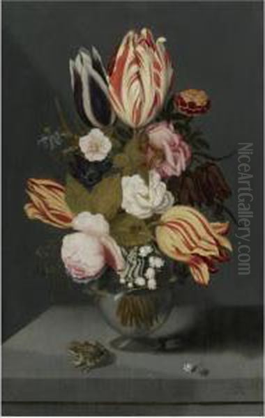 Still Life With Variegated 
Tulips, Pink And White Roses, A Marigold Fritillary, Columbine And Lily 
Of The Valley In A Globose Vase With A Toad, All On A Ledge Oil Painting by Ambrosius the Younger Bosschaert