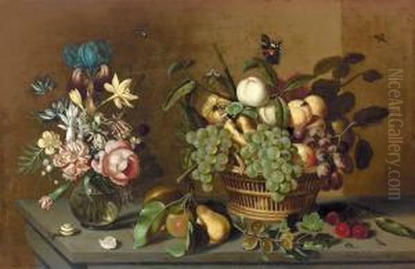 Stillleben Mit Fruchtkorb Und Blumenvase. Oil Painting by Ambrosius the Younger Bosschaert