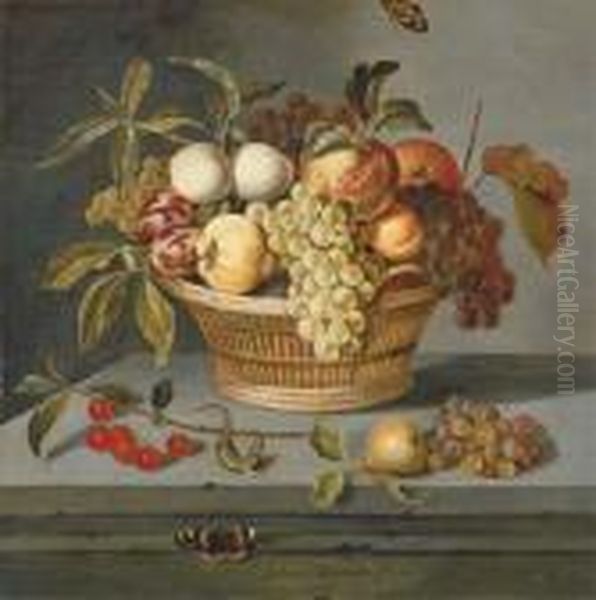 Grapes With A Pear, An Apricot, 
Apples And Plums In A Wicker Basketwith A Sprig Of Cherries Oil Painting by Ambrosius the Younger Bosschaert