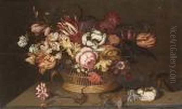 Tulips, An Iris, Narcissi, A 
Peony And Other Flowers In A Basket With A Carnation, A Rose And A 
Lizard On A Table-top Oil Painting by Ambrosius the Younger Bosschaert