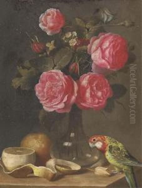 Roses In A Glass Vase, A Partly-peeled Lemon And A Parrot On Aledge Oil Painting by Ambrosius the Younger Bosschaert