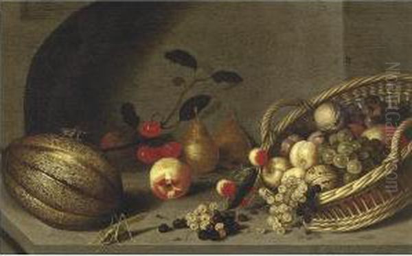 Still Life Of Fruit In A Basket 
And Cherries, Pears, Peaches And A Melon, All Resting On A Ledge Oil Painting by Ambrosius the Younger Bosschaert