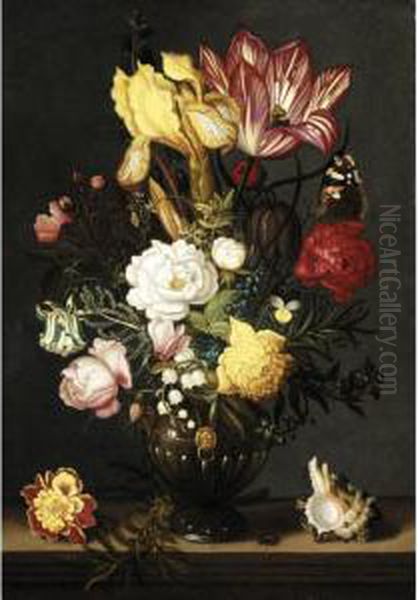 A Tulip, A Yellow Iris, A Sprig 
Of Moss Rose, A Snake's Head Fritillery, Roses, Peonies, Forget-me-not, 
Lily-of-the-valley And Other Blooms In A Bronze Vase With Gilt Mounts, 
On A Ledge Flanked With A Shell And A Marigold Oil Painting by Ambrosius the Younger Bosschaert