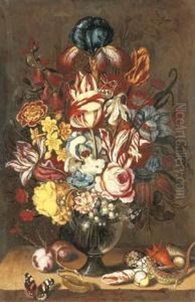 Tulips, Peonies, Narcissi And 
Other Flowers In A Glass Vase With Plums, Seashells, A Butterfly And A 
Lizard On A Ledge Oil Painting by Ambrosius the Younger Bosschaert